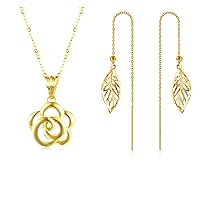 18K Gold Flower Necklace and Leaf Earrings Set for Women, Jewelry Gifts for Her