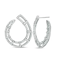 10K Solid White Gold 1 Cttw White Natural Diamond Double Row Open Hoop Stud Earrings (I-J/I3)