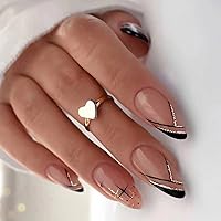 24Pcs French Tip Press on Nails Medium Long Black Star Nude Fake Nails with Glitter Design Almond Shaped False Nails Full Cover Nail Tips Acrylic Glue on Nails for Women DIY Manicure Nail Decorations