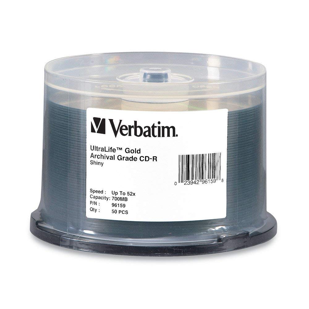 Verbatim Cd-R Archival Grade Recordable Disc, 700 Mb/80 Min, 52x, Spindle, Gold, 50/Pack