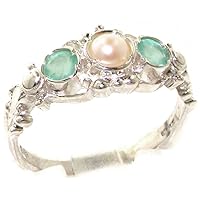 18k White Gold Cultured Pearl and Emerald Womens Band Ring