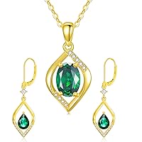 14K Gold Emerald Necklace and Earrings Set for Women Real Gold Jewelry Gift