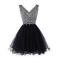 Women's Short V-Neck Beaded Tulle Cocktail Party Homecoming Dress