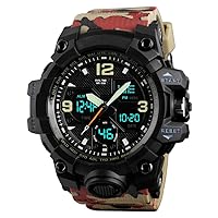 Mens Sport Watch LED Digital Electronic Waterproof Dual Time Military Wrist Watch Plastic Case with Camo Rubber Band