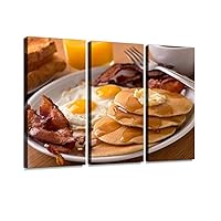 Breakfast with Bacon, Eggs, Pancakes, and Toast Maple syrups and Print On Canvas Wall Artwork Modern Photography Home Decor Unique Pattern Stretched and Framed 3 Piece