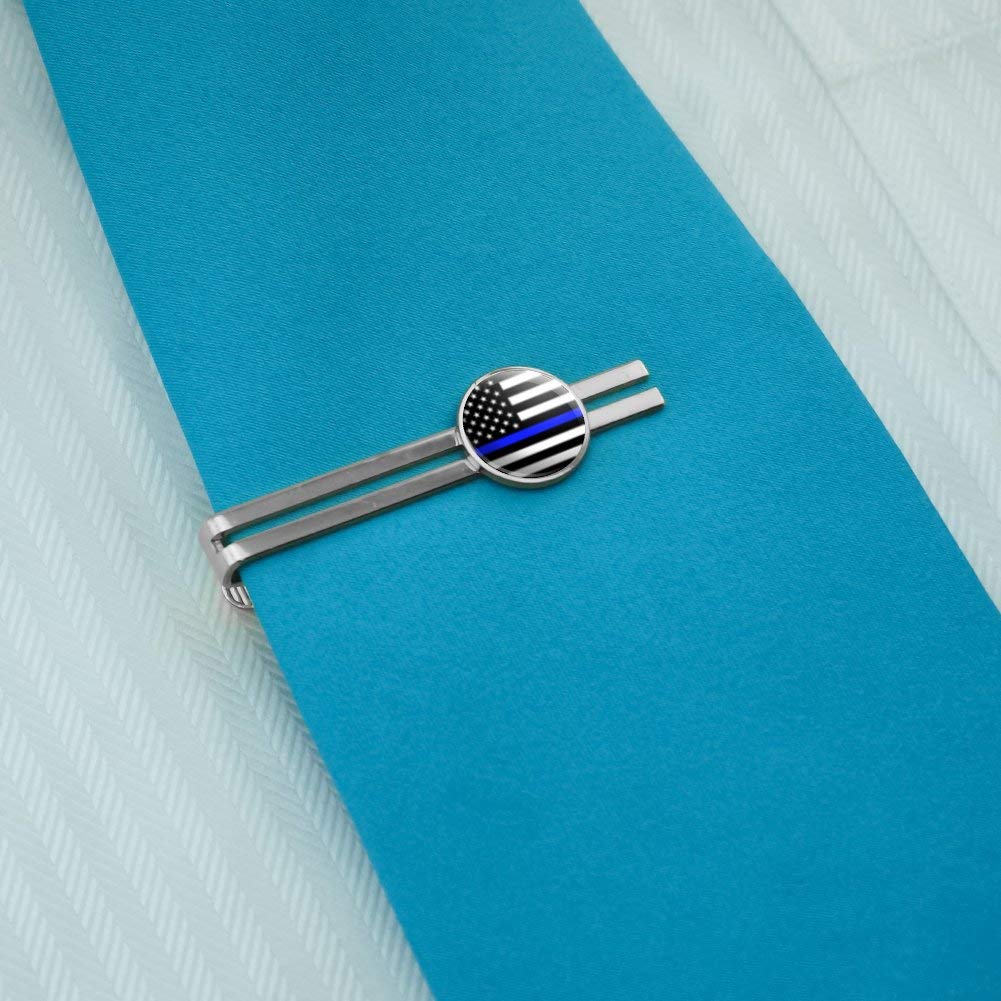 GRAPHICS & MORE Thin Blue Line American Flag Round Tie Bar Clip Clasp Tack Silver Color Plated