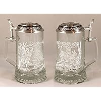 JAMES MEGER GLASS WHITE TAIL DEER STEIN, Etched German Glass Beer Stein w/ Pewter Lid, Made in Germany