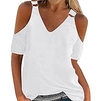 Tank Tops Women Trendy,Women Shirt Summer Off Shoulder Top V Neck Blouse Solid Color Top Short Sleeve T Shirt