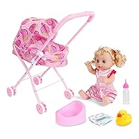 4PCS/Set Baby Doll Stroller Foldable Pram Gift Set with Baby Doll Cartoon Printing Design Baby Stroller with Gift for Dolls(Strawberry Car)