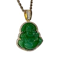 Iced Laughing Buddha Green Jade Pendant Necklace Rope Chain Genuine Certified Grade A Jadeite Jade Hand Crafted, Jade Necklace, 14k Gold Filled Laughing Jade Buddha Necklace, Jade Medallion, Fast Prime Shipping