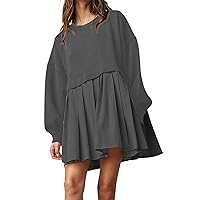 Womens Dresses 2023 Loose Crew Neck Solid Color Long Sleeve Dress Trendy Patchwork Pleated Oversized Casual Dress