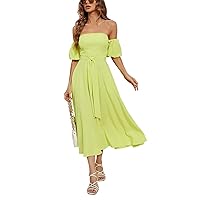 Flowy Dresses for Women Solid Color Sexy Fashion with Waistband Short Sleeve Off The Shoulder Tunic Dress