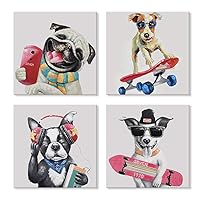 SEVEN WALL ARTS Colorful Gallery Pet Canvas Painting Puppy Artwork Abstract Hip-hop Dog Cartoon Picture Print on Canvas for Kids Boy Girl Room Bathroom Nursery Décor 12'' x 12'' x 4 Pcs