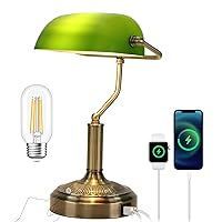 Bankers Lamp with USB & Type C Charging Ports, Touch Control Green Glass Desk Lamp, 3-Way Dimmable Vintage Table Lamps for Home Office, Library, LED Bulb Included (Touch Switch)