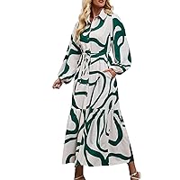 Trendy Fall Winter Maxi Dress for Women,Long Sleeve Button Down Sexy V Neck Long Dress Elegant Floral Ruched Dress