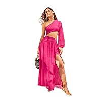 Summer Dresses for Women 2022 -Ring One Shoulder Lantern Sleeve Cut Out Split Thigh Dress (Color : Hot Pink, Size : M)