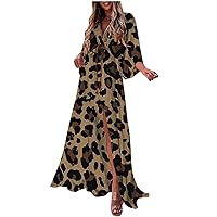 LFEOOST Maxi Dresses for Women Casual Summer Long Sleeve V Neck Elastic Tie Waist Leopard Print Loose Flowy Slit Long Dress