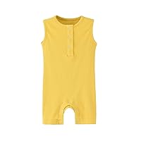 Teach Leanbh Baby Romper Cotton Sleeveless Button Down One Piece Linen Jumpsuit Coverall 3-24 Months (Yellow, 6-12 Months)