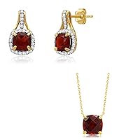 MAX + STONE Yellow Gold Cushion Cut Red Garnet Gemstone Drop Earrings and Pendant Necklace Set for Women | 10k with Genuine 1/3 Carat Diamonds and Push Backs | 14k 6mm Pendant with 18 Inch Cable
