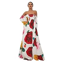 Off Shoulder Shirred Rose Print Maxi Dress