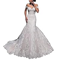 Women's Elegant Lace Mermaid Wedding Dresses Off Shoulder Tulle Applique Wedding Bridal Gowns