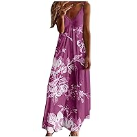 Women's Summer Maxi Dress Casual V-Neck Sleeveless Bohemian Dress Spaghetti Strap Floral Print Long Maxi Dress