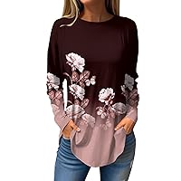 Womens Tunic Tops Dressy Casual Loose Fit Fall Long Sleeve Pullover Cute Floral Print Blouses Crewneck T-Shirt