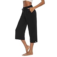 DIBAOLONG Womens Capri Pants Wide Leg Crop Pants Loose Comfy Drawstring Lounge Pajama Yoga Capris for Women with Pockets