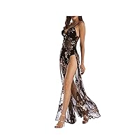 Womens Sequins Tulle Long Evening Dresses Adjustable Strap High Split Backless Long Dress