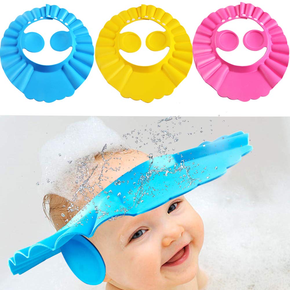 Baby Shower Cap Bathing Cap - 3 Pcs Soft Adjustable Visor Hat Safe Shampoo Shower Bathing Protection Bath Cap for Toddler, Baby, Kids, Children (Bule+Yellow+Pink)