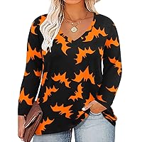 RITERA Women Plus Size Tops Halloween Bat Print Shirt for Ladies Casual V Neck Long Sleeve Teeshirt Winter Sweatshirt Tunic Fall Blouse 4X 4XL 26W 28W
