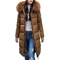 Womens Fur Hood Winter Thicken Parka Jacket Zip Up Long Sleeve Long Coat Casual Loose Fit Fashion Coats with Pockets