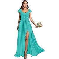 Women’s Ruffle Sleeve Bridesmaid Dresses with Pockets Long Button Pleated Formal Dress with Slit