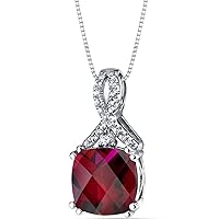 PEORA Created Ruby with Genuine White Topaz Open Infinity Pendant for Women 14K White Gold, 4 Carats Cushion Cut 9mm, with 18 inch Chain