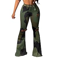 Lucuna Women's Camo Pants Flare Jeans High Waisted Y2K Camouflage Army Fatigue Ripped Bell Bottom Denim Pants