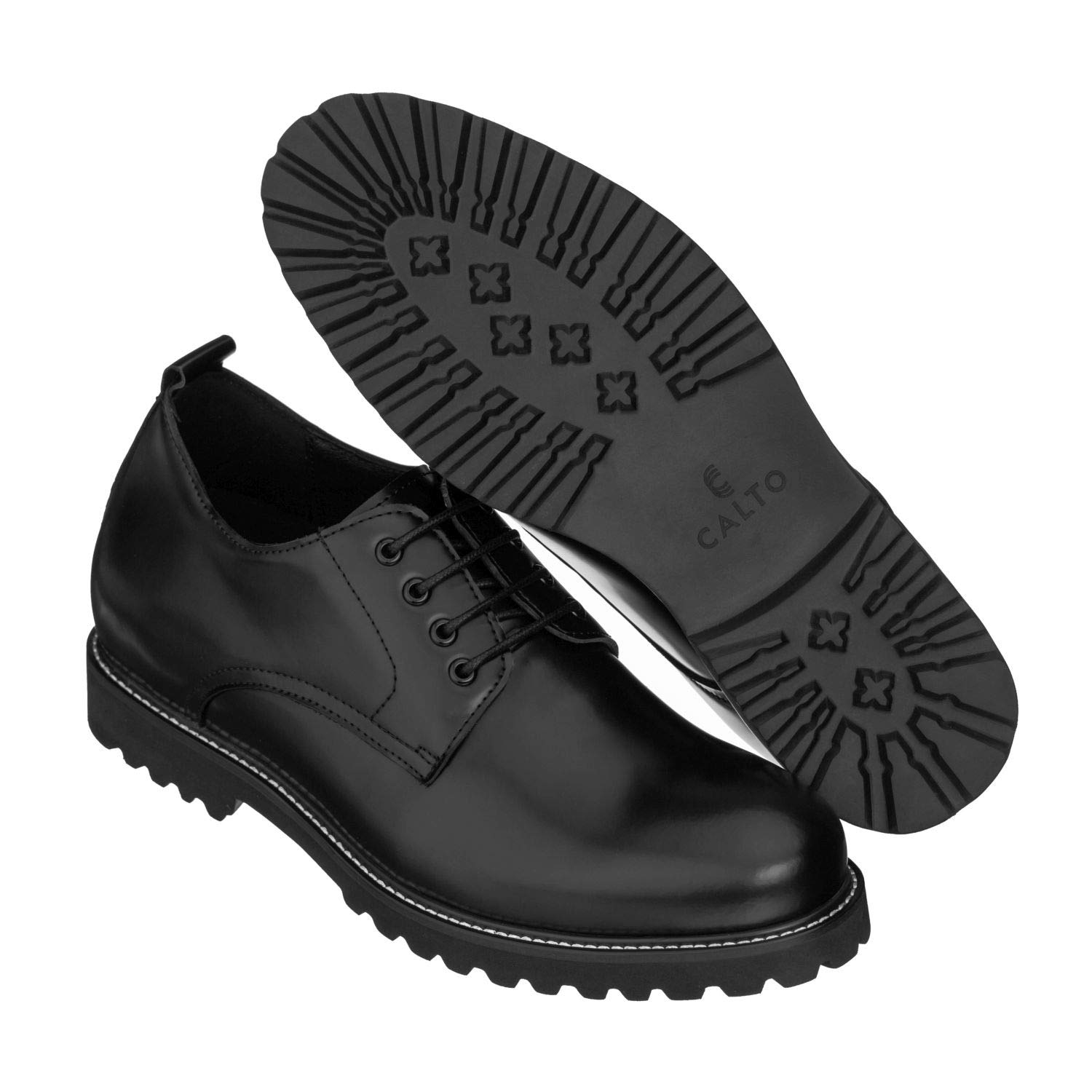 CALTO Men's Invisible Height Increasing Elevator Shoes - Black Leather Lace-up Low-top Work Boots - 3 Inches Taller - S9118