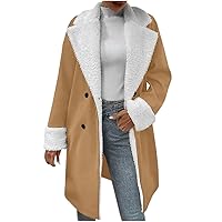 Women Notched Collar Double Breasted Sherpa Fleece Lined Overcoat Winter Warm Trench Coat Thick Long Jacket Pea Coats