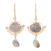 NOVICA Handmade .925 Sterling Silver 22k Gold Plated Cultured Freshwater Pearl Labradorite Dangle Earrings Grey White India Birthstone [1.8 in L x 0.8 in W x 0.3 in D] 'Everlasting Allure'