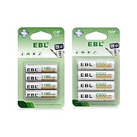 EBL Rechargeable AA and AAA Batteries, 1.2V NiMH AA Battery 2800mAh (4 Counts) and AAA Battery 1100mAh (4 Counts)