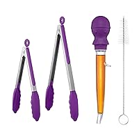 U-Taste 228.2℉ Heat Resistant BPA Free 1.5 oz Angled Turkey Baster, and 600℉ Heat Resistant Set of 2 Kitchen Cooking Tong with Silicone Tip (Purple)
