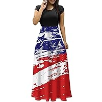 Sexy 4th of July Elegant Dresses for Women American Flag Print A Line Patriotic Dresses Short Sleeve Round Neck Tunic Dresses Vermilion 3X-Large