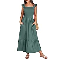 ANRABESS Womens Square Neck Maxi Dress Ruffle Sleeveless Smocked Casual Summer Beach Sundress with Pockets