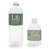 Green and Gold Baby Shower Water Bottle Labels - Greenery Sweet Baby Waterproof Wrappers - 24 Stickers