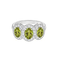 Trio Stone Ring 7 x 5 mm Oval Green Peridot Gemstone 925 Sterling Silver Bridal Wedding Ring, Gemstone, Peridot