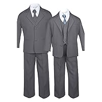 6pc Boy Baby Kid Dark Gray Suit Set Satin Blue Checker Necktie Outfits All Size (3T)