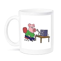 3dRose Funny Pink Pig Using Ham Radio Cartoon Mug, 11 oz