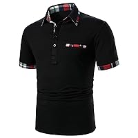 Mens Plaid Collar Polo Shirt Summer Big and Tall Short Sleeve Button Up Work Golf Shirts Splice T-Shirt with Pocket