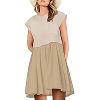 Womens Dresses Striped Knit Top Pleated Loose Swing Mini Short Sleeve Dress 2024 Trendy