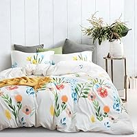 Wake In Cloud - Floral Comforter Queen, 100% Cotton Fabric 3 Piece Bedding Set for Women Girls, Colorful Watercolor on White Cute Shabby Chic Flower Coquette Cottagecore Neutral Aesthetic, Queen Size