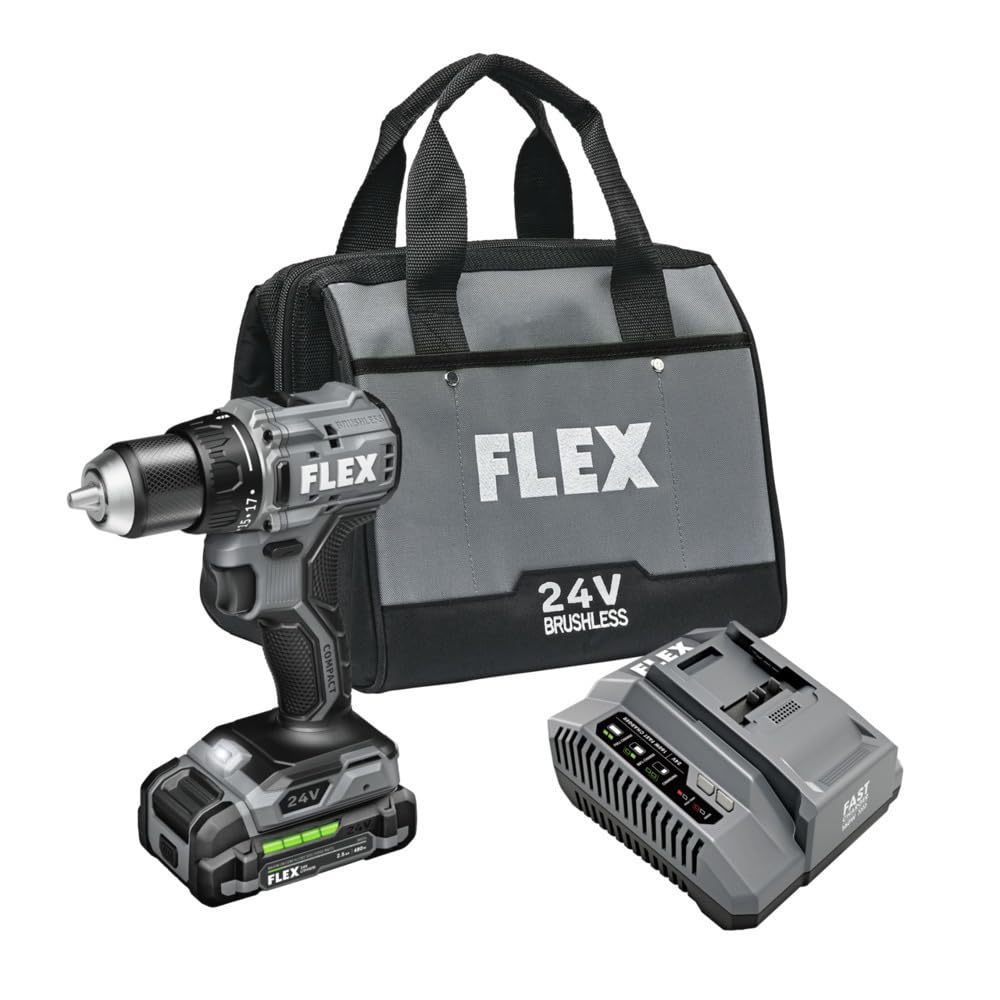 FLEX 24V Brushless Cordless 1/2-Inch 650 In-Lbs Torque 2-Speed Compact Drill Driver Kit with 2.5Ah Lithium Battery and 160W Fast Charger - FX1131-1A